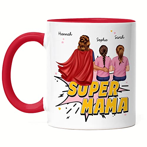 Kiddle-Design Super Mama Personalisierte Tasse Rot zum Muttertag Geschenk für Mama Mutter Geburtstag Muttertag mit Tochter Sohn Kindern von Kiddle-Design