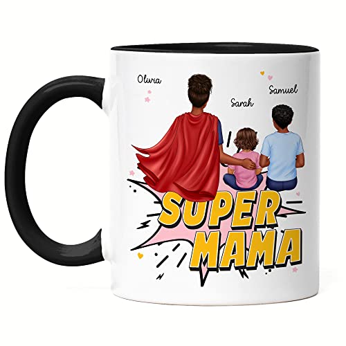 Kiddle-Design Super Mama Personalisierte Tasse Schwarz zum Muttertag Geschenk für Mama Mutter Geburtstag Muttertag mit Baby Sohn Tochter von Kiddle-Design