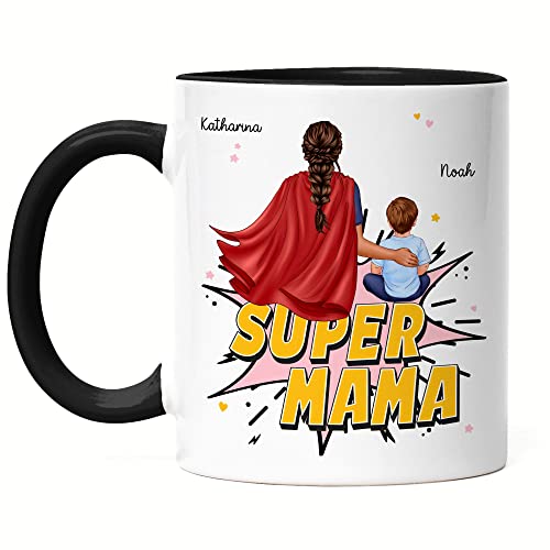 Kiddle-Design Super Mama Personalisierte Tasse Schwarz zum Muttertag Geschenk für Mama Mutter Geburtstag Muttertag mit Sohn Tochter Baby von Kiddle-Design