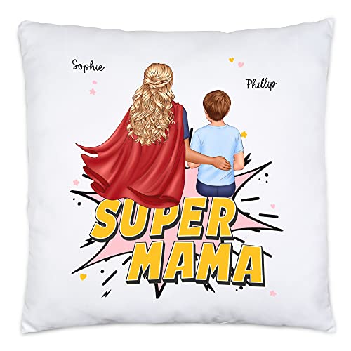 Kiddle-Design Super Mama Personalisiertes Kissen Mama Mutter Geburtstag Muttertag mit Sohn Tochter Kind Kiddle-Design Super Mama Personalisiertes Kissen Mama Mutter Geburtstag Muttertag mit Sohn Tochter Kind von Kiddle-Design