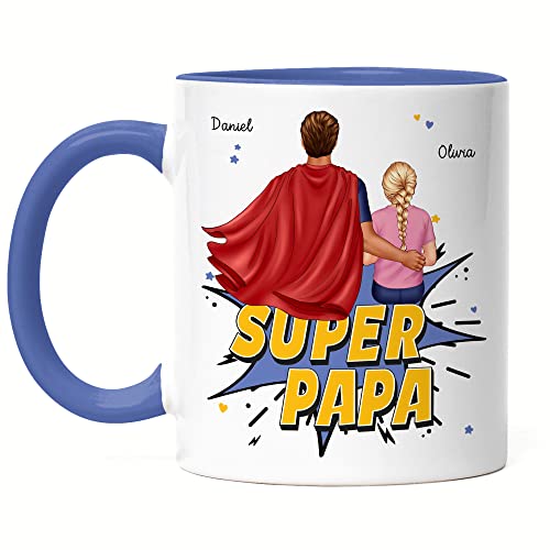 Kiddle-Design Super Papa Personalisierte Tasse Blau zum Vatertag Geschenk für Papa Vater Geburtstag Vatertagsgeschenk mit Sohn Tochter Kind von Kiddle-Design