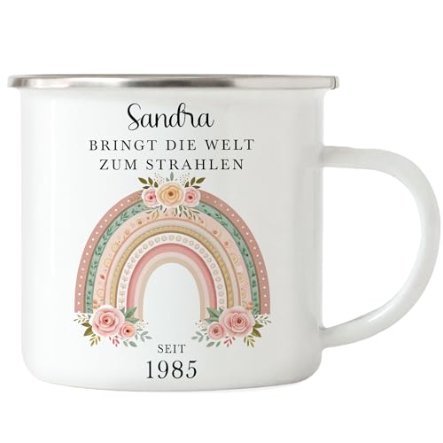 Kiddle-Design Tasse Personalisiert 40. Geburtstag - Bringt die Welt zum strahlen seit 1985-40ter Geburtstag schönes Geschenk Frau Regenbogen Spruch - Emaille Tasse von Kiddle-Design