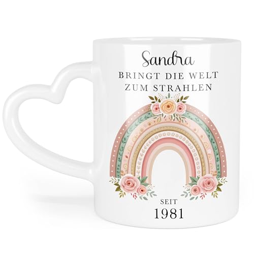 Kiddle-Design Tasse Personalisiert 44. Geburtstag - Bringt die Welt zum strahlen seit 1981-44ter Geburtstag schönes Geschenk Frau Regenbogen Spruch - Herz-Tasse von Kiddle-Design