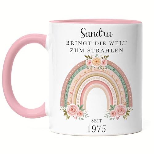Kiddle-Design Tasse Personalisiert 50. Geburtstag - Bringt die Welt zum strahlen seit 1975-50ter Geburtstag schönes Geschenk Frau Regenbogen Spruch - Tasse Rosa von Kiddle-Design
