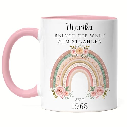 Kiddle-Design Tasse Personalisiert 57. Geburtstag - Bringt die Welt zum strahlen seit 1968-57ter Geburtstag schönes Geschenk Frau Regenbogen Spruch - Tasse Rosa von Kiddle-Design