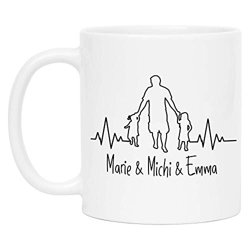 Kiddle-Design Tasse Vater und Töchter Herzschlag Personalisiert mit Namen von Papa & Tochter Vatertag Geschenk-Idee Familie Mädchen Kinder Papa (Vater & 2 Töchter, Keramik) von Kiddle-Design