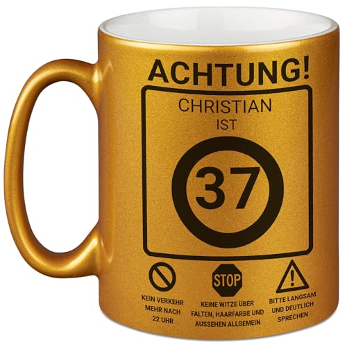 Kiddle-Design Tasse zum 37. Geburtstag Personalisiert, Verkehrsschild Geschwindigkeit 37, 37ter Geburtstag Lustiges Geschenk Mann Frau, Tasse Metallic-Gold von Kiddle-Design