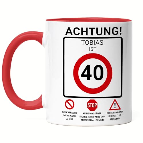 Kiddle-Design Tasse zum 40. Geburtstag Personalisiert, Verkehrsschild Geschwindigkeit 40, 40ter Geburtstag Lustiges Geschenk Mann Frau, Tasse Rot von Kiddle-Design