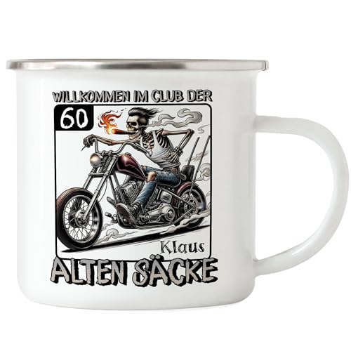 Kiddle-Design Tasse zum 60. Geburtstag Personalisiert, Club der alten Säcke 60, 60ter Geburtstag Lustiges Biker Motorrad Geschenk, Emaille Tasse von Kiddle-Design