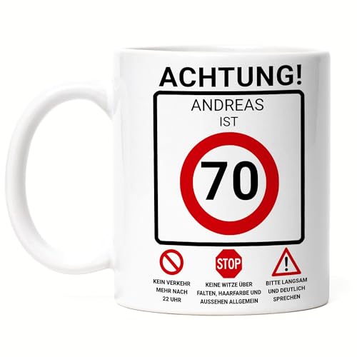 Kiddle-Design Tasse zum 70. Geburtstag Personalisiert, Verkehrsschild Geschwindigkeit 70, 70ter Geburtstag Lustiges Geschenk Mann Frau, Tasse Weiß von Kiddle-Design