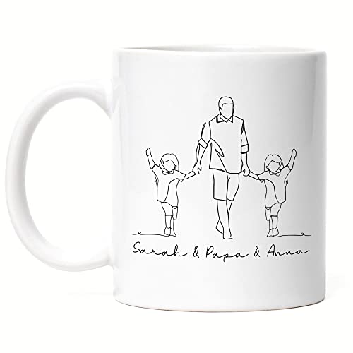 Kiddle-Design Vater und Sohn Tasse Personalisiert Line Art Papa und Kind Vatertagsgeschenk mit Namen Vatertag Geburtstag Geschenk-Idee (Vater & 2 Töchter, Keramik-Tasse) von Kiddle-Design