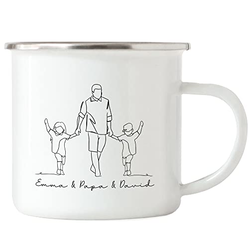 Kiddle-Design Vater und Sohn Tasse Personalisiert Line Art Papa und Kind Vatertagsgeschenk mit Namen Vatertag Geburtstag Geschenk-Idee (Vater & Sohn & Tochter, Emaille-Tasse) von Kiddle-Design