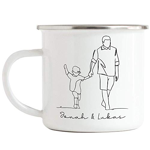 Kiddle-Design Vater und Sohn Tasse Personalisiert Line Art Papa und Kind Vatertagsgeschenk mit Namen Vatertag Geburtstag Geschenk-Idee (Vater & Sohn, Emaille-Tasse) von Kiddle-Design