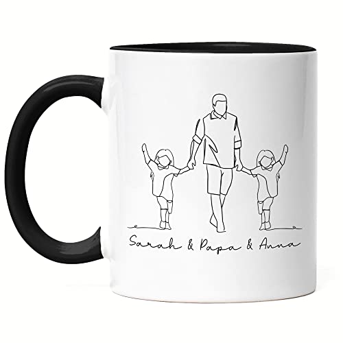 Kiddle-Design Vater und Töchter Tasse Schwarz Personalisiert Line Art Papa Kind Tochter Vatertagsgeschenk Namen Vatertag Geburtstag von Kiddle-Design
