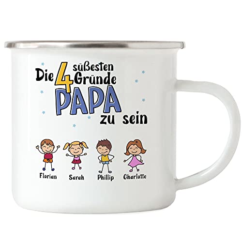 Kiddle-Design Vatertag Emaille Tasse 4 Gründe Papa zu sein Vatertagsgeschenk mit Spruch Geschenk von Kindern für Vater Geburtstag Vatertagstasse von Kiddle-Design