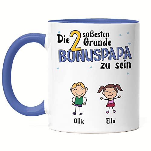 Kiddle-Design Vatertag Tasse Blau 2 Gründe Bonus Papa zu sein Vatertagsgeschenk Stiefvater Geschenk für Stiefpapa Geburtstag Vatertagstasse von Kiddle-Design