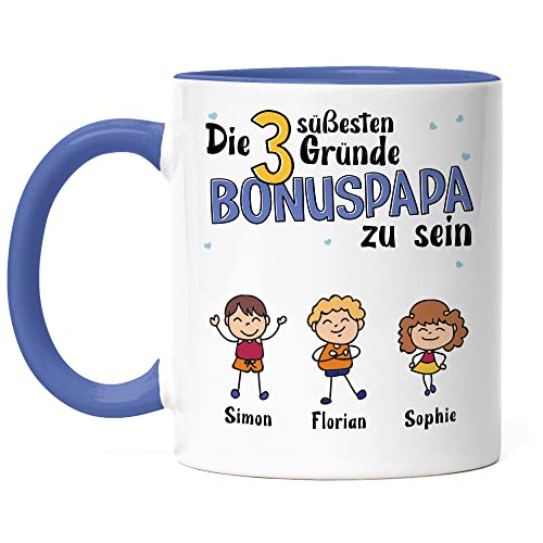 Kiddle-Design Vatertag Tasse Blau 3 Gründe Bonus Papa zu sein Vatertagsgeschenk Stiefvater Geschenk für Stiefpapa Geburtstag Vatertagstasse von Kiddle-Design