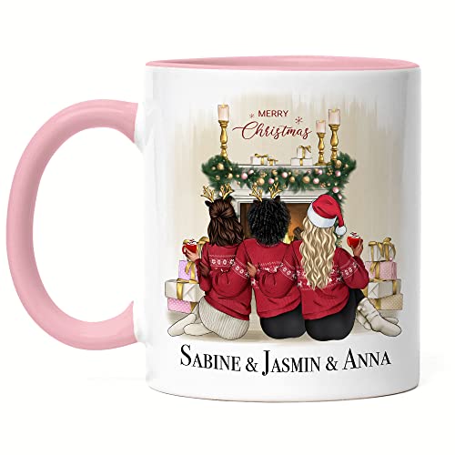 Kiddle-Design Weihnachtstasse Personalisiert 3 Freundinnen Bff Tasse Rosa Idee Geschenk Beste Freundin Persönliche Freundschaftstassen Weihnachten Nikolaus von Kiddle-Design