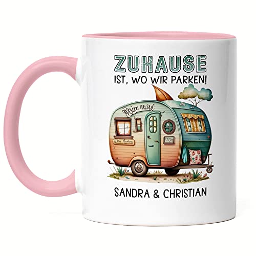 Kiddle-Design Zuhause ist wo wir Parken personalisierte Tasse Rosa mit Wunschnamen Campingbecher Camper Pärchen Geschenk von Kiddle-Design