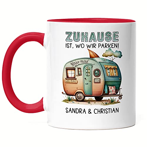 Kiddle-Design Zuhause ist wo wir Parken personalisierte Tasse Rot mit Wunschnamen Campingbecher Camper Pärchen Geschenk von Kiddle-Design