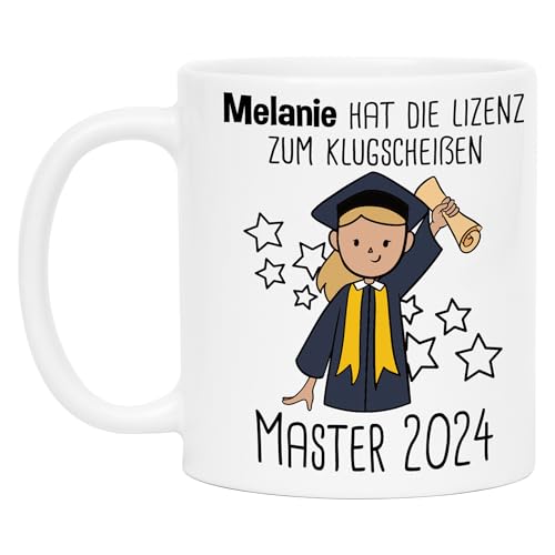 Master 2024 Tasse Geschenk Personalisiert mit Name und Jahr Frau Lizenz zum Klugscheißen Master-Absolvent Kaffeetasse von Kiddle-Design