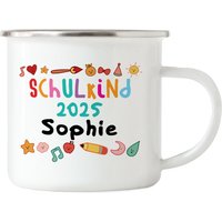 Einschulung 2025 Tasse Emaille Spruch Schulanfang Geschenk Trinkbecher Name Personalisiert Wunschname Schulkind Mädchen von KiddleDesign