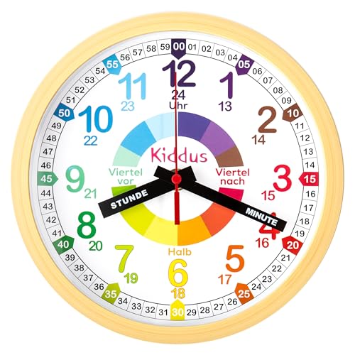 Kiddus Kinder Wanduhr, Jungen und Mädchen, Analoger Lernuhr mit Zeitlernübungen, Kinderwanduhr Ohne Ticken, Kinderzimmer Lautlose, Schule, Uhrzeiger Deutsch von Kiddus