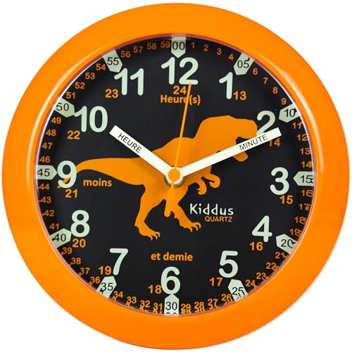 Kiddus Wanduhr für Kinder. Analoger Zeitlehrer mit Zeitlernübungen. Stilles Uhr. Viele Sprachen. FRANÇAIS Dino von Kiddus