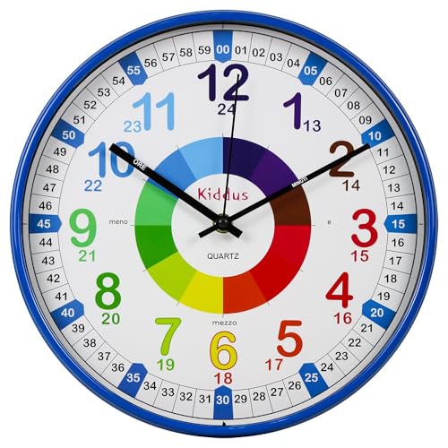 Kiddus Wanduhr für Kinder. Analoger Zeitlehrer mit Zeitlernübungen. Stilles Uhr. Viele Sprachen. Italiano XL Blu von Kiddus