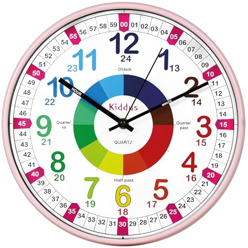 Kiddus Wanduhr für Kinder. Analoger Zeitlehrer mit Zeitlernübungen. Stilles Uhr. Viele Sprachen. English XL Pink von Kiddus