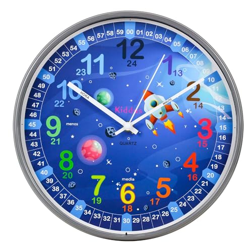 Kiddus Wanduhr für Kinder. Analoger Zeitlehrer mit Zeitlernübungen. Stilles Uhr. Viele Sprachen. Español XL Galaxy von Kiddus