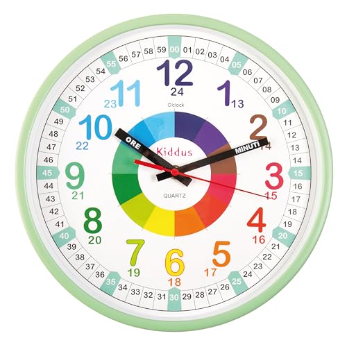 Kiddus Wanduhr für Kinder. Größe XL. 30cm Durchmesser. Analoger Zeitlehrer mit Zeitlernübungen. Stilles Uhr. Viele Sprachen. Model: Mint, Italiano von Kiddus