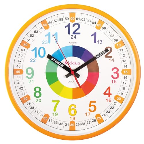 Kiddus Kinder Wanduhr, Jungen und Mädchen, Analoger Lernuhr mit Zeitlernübungen, Kinderwanduhr Ohne Ticken, Kinderzimmer Lautlose, Schule, Uhrzeiger Deutsch von Kiddus