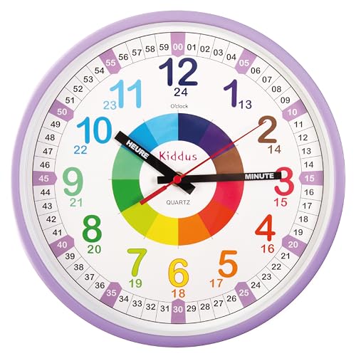 Kiddus Wanduhr für Kinder. Größe XL. 30cm Durchmesser. Analoger Zeitlehrer mit Zeitlernübungen. Stilles Uhr. Viele Sprachen. Model: Purple, Français von Kiddus