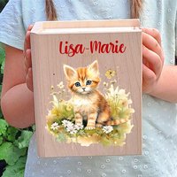 Personalisierte Spardose Kinder Katze Geschenk - Geburt Taufe Geburtstag Sparbuch Holz von KiddydooDE