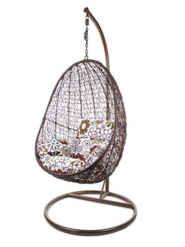 KIDEO Komplettset: Hängesessel mit Gestell & Kissen, Korbsessel, Poly-Rattan (Gestell- und Korbfarbe: braun, Kissen: Blumenmuster Nest (3762 Retro Flowers)) von Kideo