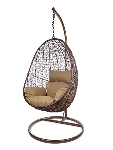 KIDEO Komplettset: Hängesessel mit Gestell & Kissen, Korbsessel, Poly-Rattan (Gestell- und Korbfarbe: braun, Kissen: braun Nest (7010_Hazelnut)) von Kideo