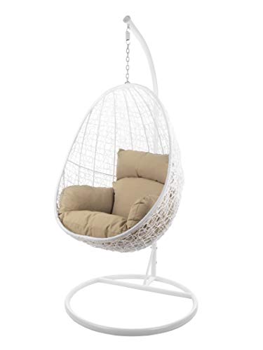 KIDEO Komplettset: Hängesessel mit Gestell & Kissen, Korbsessel, Poly-Rattan (Gestell- und Korbfarbe: weiß, Kissen: Hellbraun Nest (7007_capucchino)) von Kideo