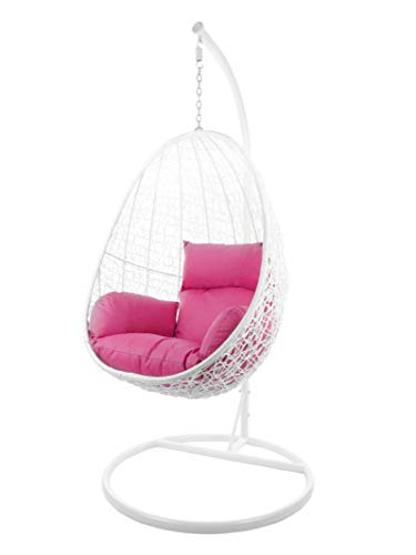 KIDEO Komplettset: Hängesessel mit Gestell & Kissen, Korbsessel, Poly-Rattan (Gestell- und Korbfarbe: weiß, Kissen: pink Nest (3333 hot pink)) von Kideo