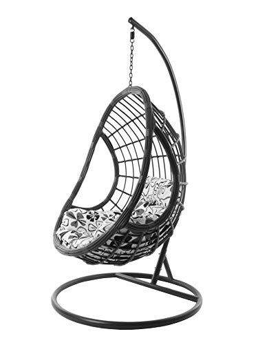 KIDEO Komplettset: großer Hängesessel mit Gestell & Kissen, Hängesessel grau, Indoor & Outdoor, Poly-Rattan, anthrazit (Kissen: schwarz/weiß geblümt Nest (9800 fossil Flower Love)) von Kideo