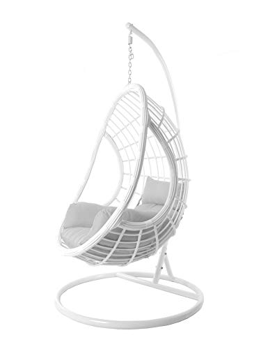 KIDEO Komplettset: großer Hängesessel mit Gestell & Kissen, Hängesessel weiß, Lounge Möbel, Poly-Rattan, weiß (Kissen: Grau Nest (8008 Cloud)) von Kideo