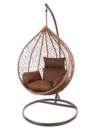 KIDEO Komplettset: großer Hängesessel mit Gestell & Kissen, Korbsessel, Poly-Rattan (Korb & Gestell: braun, Kissen: Dunkelbraun Nest (7790 Chocolate)) von Kideo