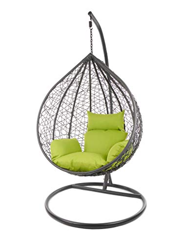 KIDEO Komplettset: großer Hängesessel mit Gestell & Kissen, Korbsessel, Poly-Rattan (Korb & Gestell: grau, Kissen: grün Nest (6068 Apple Green)) von Kideo