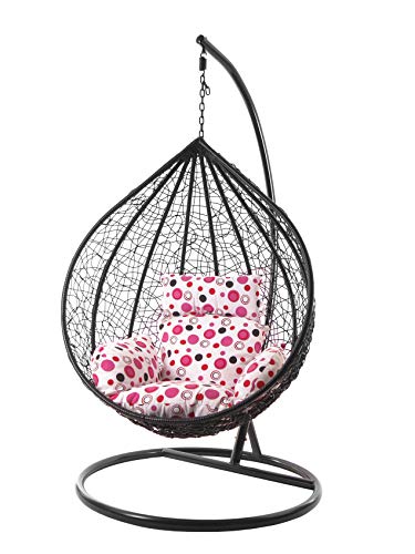 KIDEO Komplettset: großer Hängesessel mit Gestell & Kissen, Korbsessel, Poly-Rattan (Korb & Gestell: schwarz, Kissen: Punktmuster Nest (1039_spotondote)) von Kideo