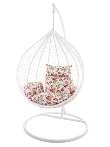 KIDEO Komplettset: großer Hängesessel mit Gestell & Kissen, Korbsessel, Poly-Rattan (Korb & Gestell: weiß, Kissen: Blumenmuster Nest (3761 Roses)) von Kideo