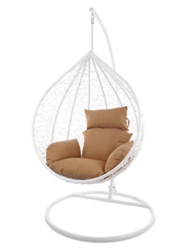 KIDEO Komplettset: großer Hängesessel mit Gestell & Kissen, Korbsessel, Poly-Rattan (Korb & Gestell: weiß, Kissen: braun Nest (7010_Hazelnut)) von Kideo