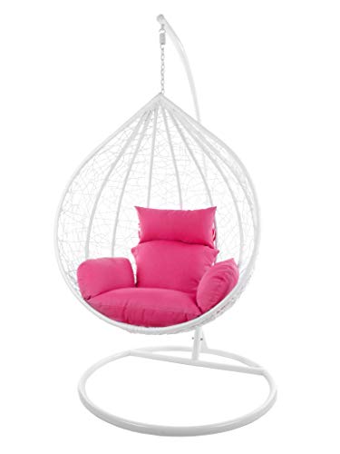 Kideo Komplettset: großer Hängesessel mit Gestell & Kissen, Korbsessel, Poly-Rattan (Korb & Gestell: weiß, Kissen: pink Nest (3333 hot pink)) von Kideo