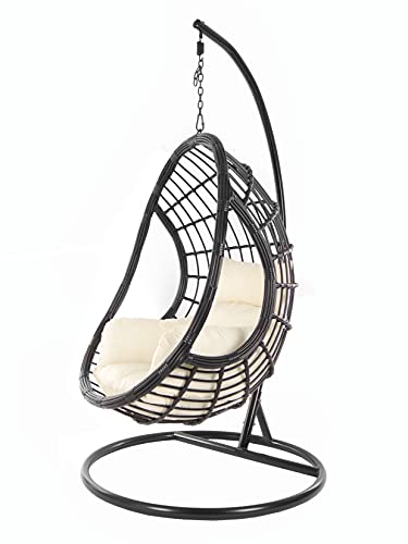 KIDEO Komplettset: großer Hängesessel mit Gestell & Kissen, Poly-Rattan, schwarz (Kissen: Elfenbein Nest (0050 Ivory)) von Kideo