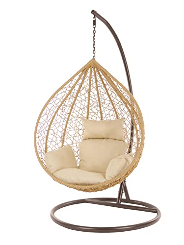 KIDEO Komplettset: großer Hängesessel mit Gestell & Kissen, XXL Korbsessel, Poly-Rattan, (Korb: beige & Gestell: braun, Kissen: Hellbraun Nest (7007_capucchino)) von Kideo