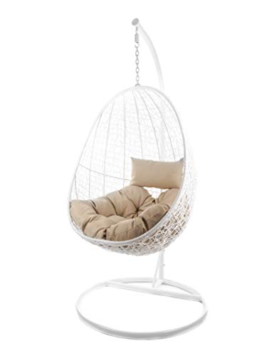 Kideo® Komplettset: Hängesessel mit Gestell & Kissen, Indoor & Outdoor, Poly-Rattan, Lounge (Gestell- und Korbfarbe: weiß, Kissen: Hellbraun Chester-Stepp (7007_capucchino)) von Kideo